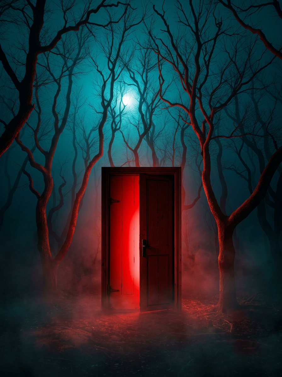 A glowing red door slightly ajar in a haunted forest