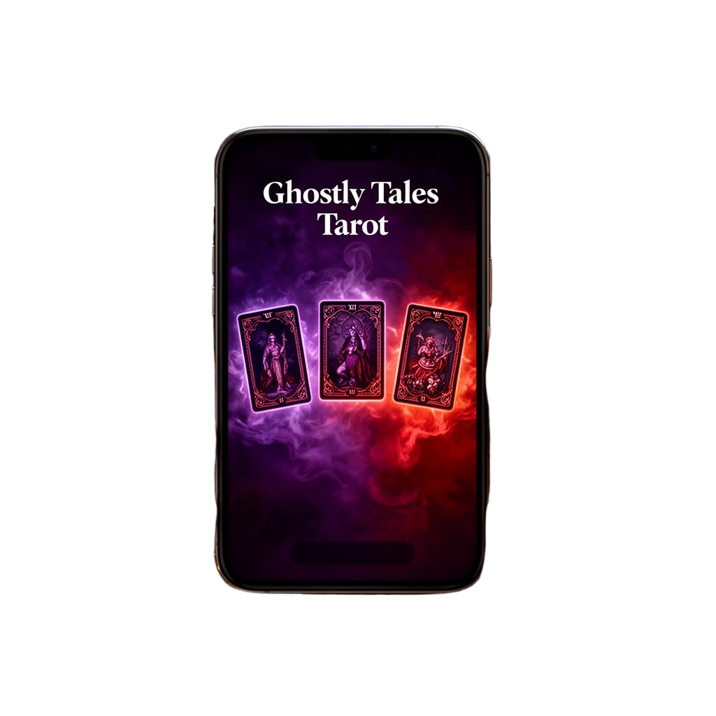 Ghostly Tales Tarot mobile app shown on a phone